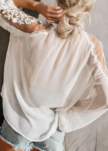 Chic White Oversized Patchwork Lace Shirt Summer