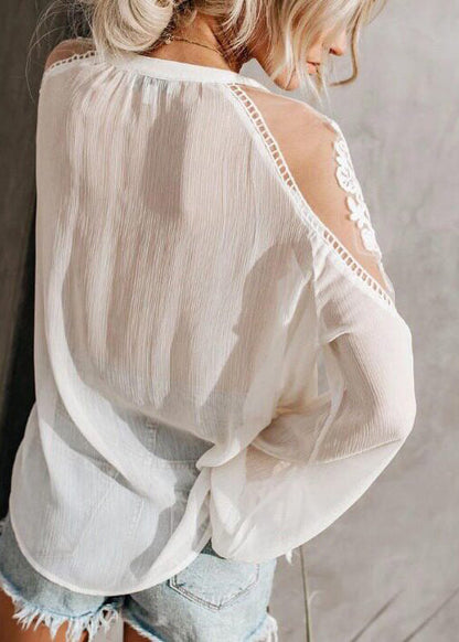 Chic White Oversized Patchwork Lace Shirt Summer