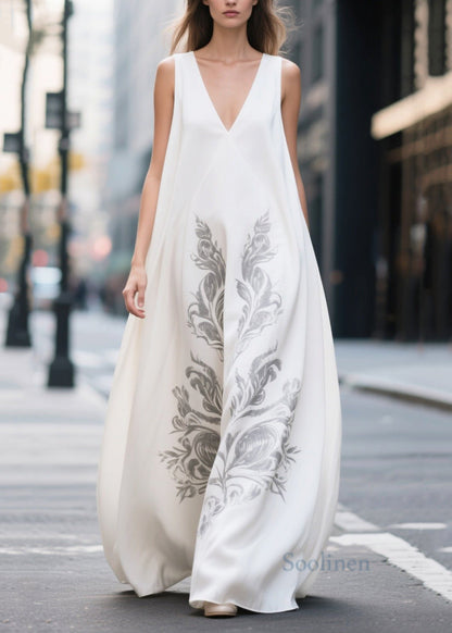 Chic White Oversized Print Chiffon Holiday Dress Sleeveless