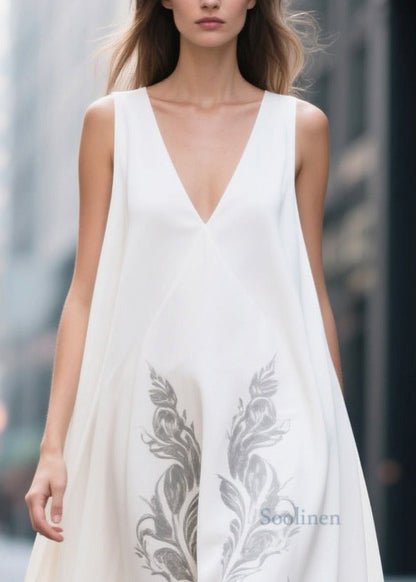 Chic White Oversized Print Chiffon Holiday Dress Sleeveless