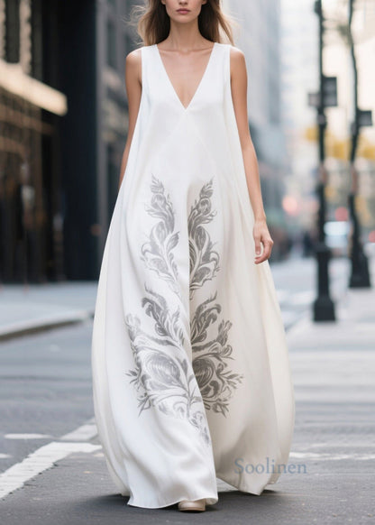 Chic White Oversized Print Chiffon Holiday Dress Sleeveless