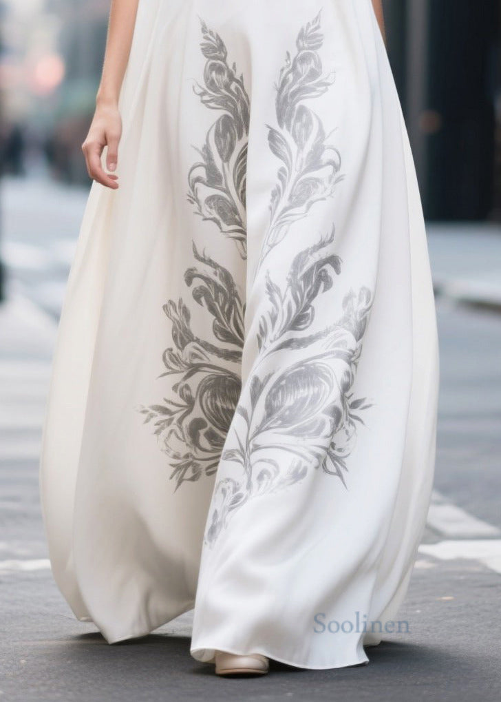 Chic White Oversized Print Chiffon Holiday Dress Sleeveless