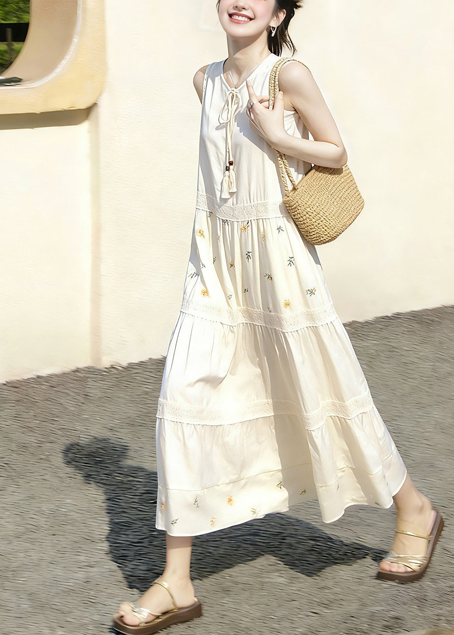 Chic White Patchwork Print O-Neck Lace Up Dresses Sleeveless