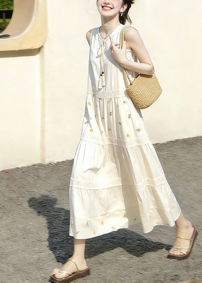 Chic White Patchwork Print O-Neck Lace Up Dresses Sleeveless