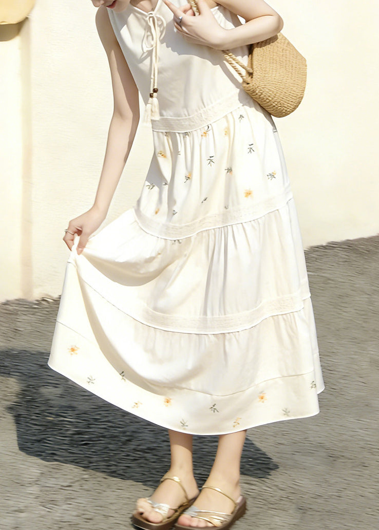 Chic White Patchwork Print O-Neck Lace Up Dresses Sleeveless