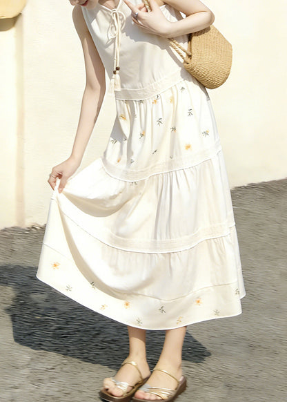 Chic White Patchwork Print O-Neck Lace Up Dresses Sleeveless