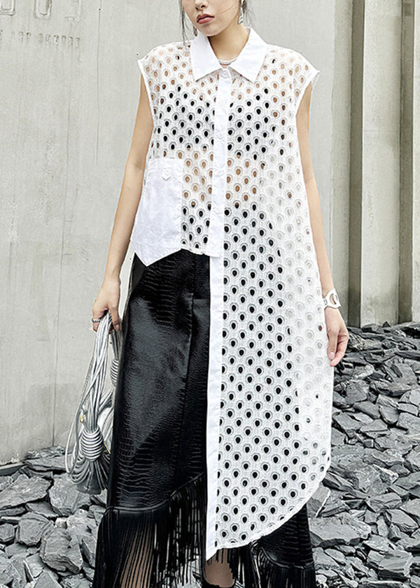 Chic White Peter Pan Collar Hollow Out Cotton Shirt Tops Summer