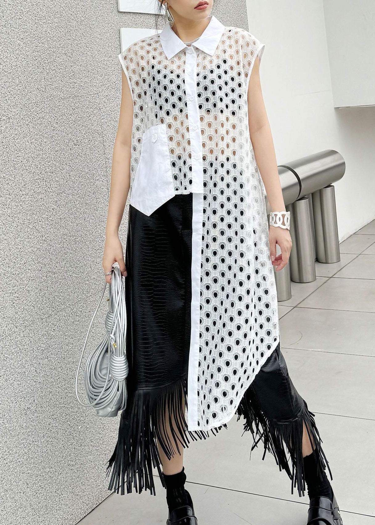Chic White Peter Pan Collar Hollow Out Cotton Shirt Tops Summer