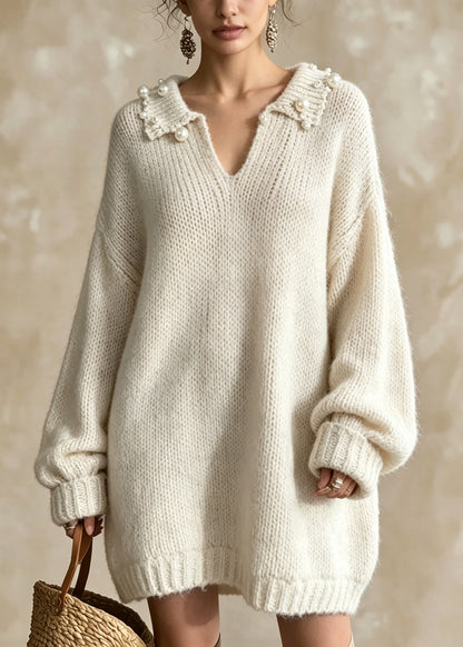 Chic White Peter Pan Collar Nail Bead Patchwork Knit Long Sweater Fall