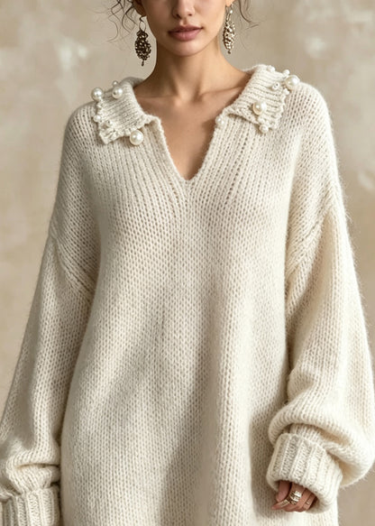Chic White Peter Pan Collar Nail Bead Patchwork Knit Long Sweater Fall