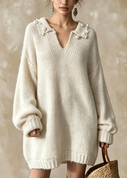 Chic White Peter Pan Collar Nail Bead Patchwork Knit Long Sweater Fall