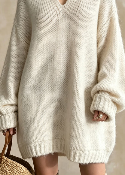 Chic White Peter Pan Collar Nail Bead Patchwork Knit Long Sweater Fall