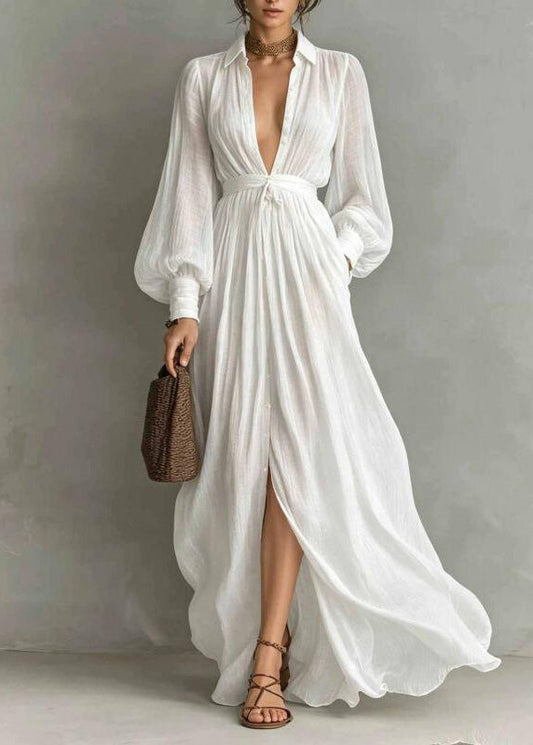 Chic White Peter Pan Collar Tunic Maxi Shirts Dress Lantern Sleeve
