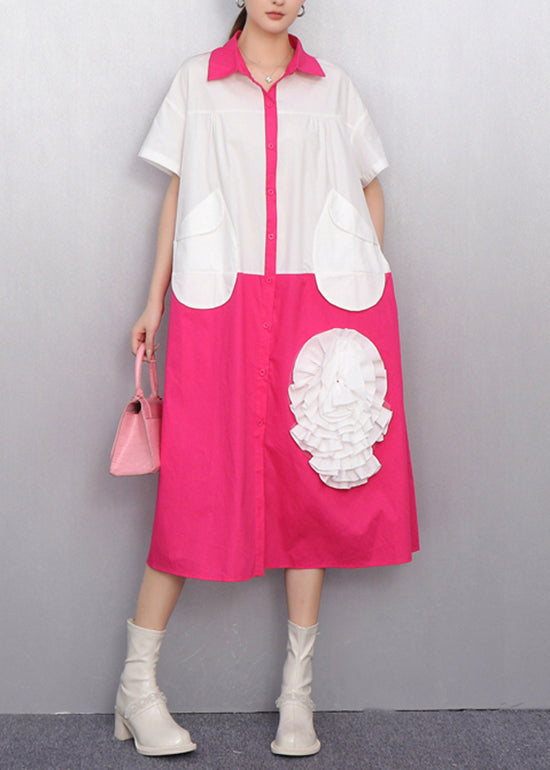 Chic White Pocket Cascading Ruffle Rose Shirt Dress Summer