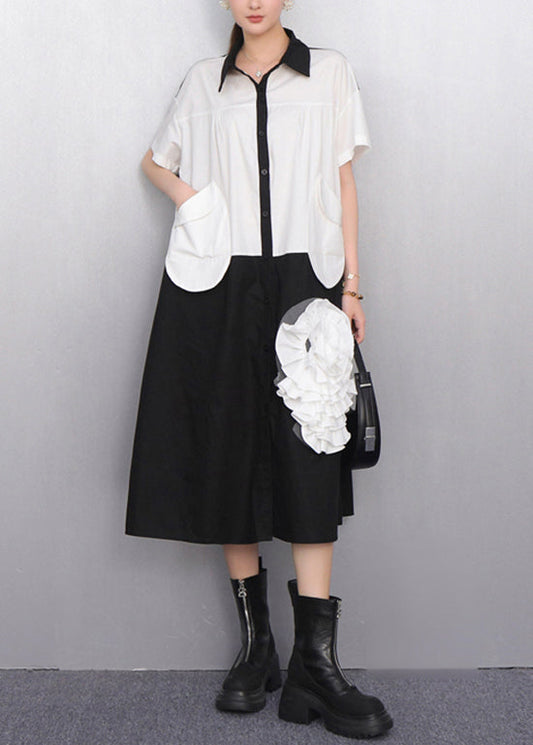 Chic White Pocket Cascading Ruffle Rose Shirt Dress Summer