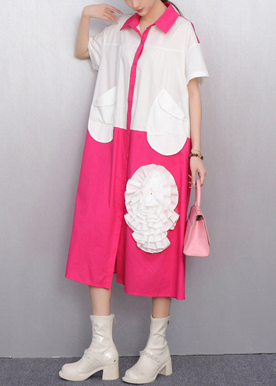 Chic White Pocket Cascading Ruffle Rose Shirt Dress Summer