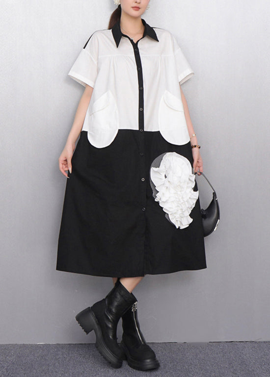 Chic White Pocket Cascading Ruffle Rose Shirt Dress Summer