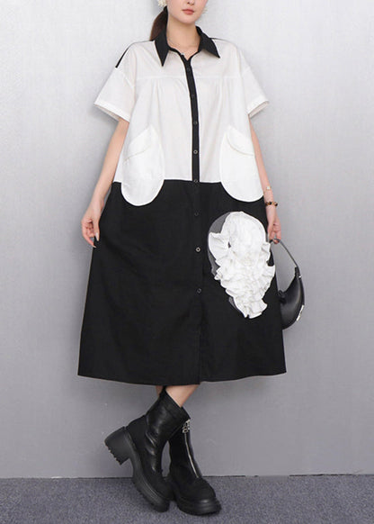 Chic White Pocket Cascading Ruffle Rose Shirt Dress Summer