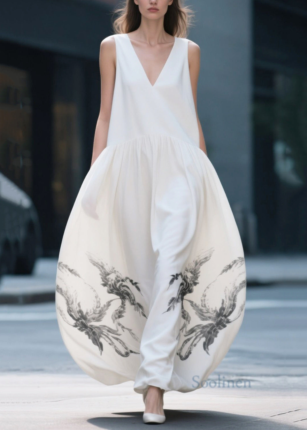 Chic White Print Exra Large Hem Chiffon Beach Dress Summer