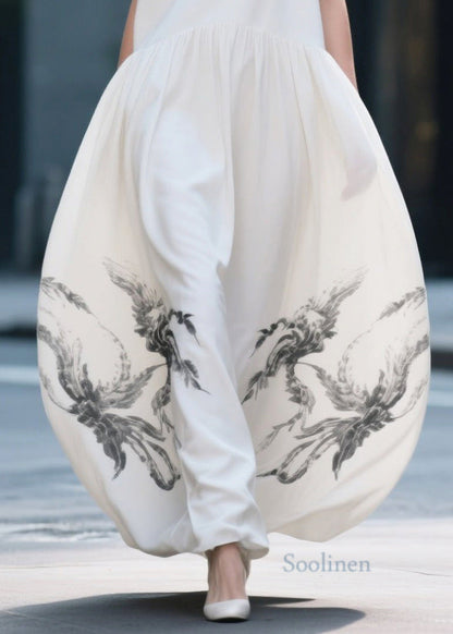 Chic White Print Exra Large Hem Chiffon Beach Dress Summer