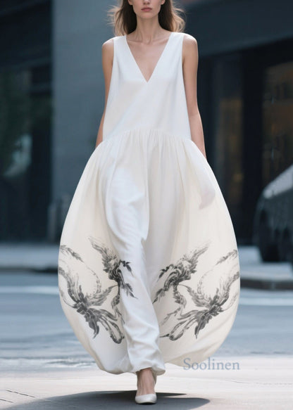 Chic White Print Exra Large Hem Chiffon Beach Dress Summer