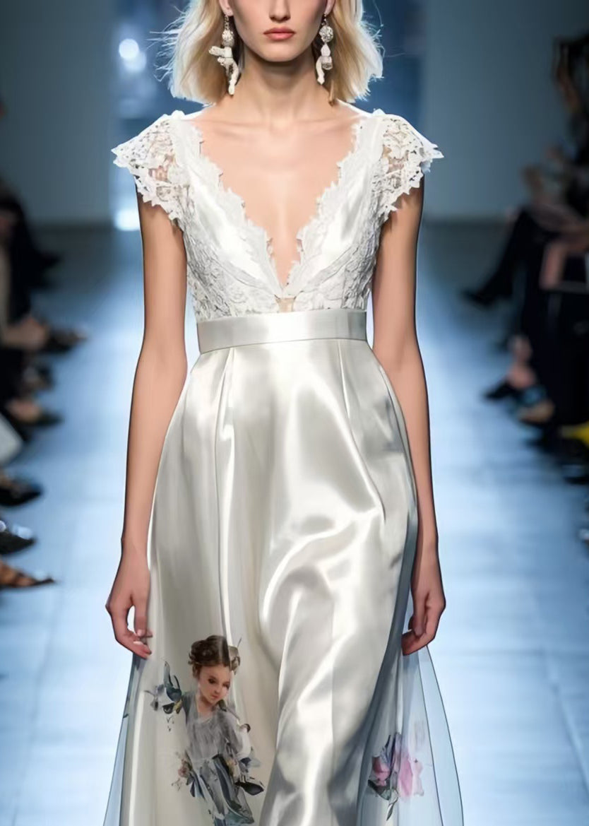 Chic White Print Patchwork Lace Silk Party Dress Sleeveless