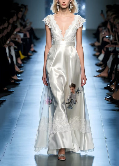 Chic White Print Patchwork Lace Silk Party Dress Sleeveless