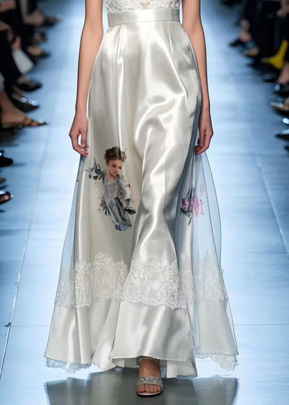 Chic White Print Patchwork Lace Silk Party Dress Sleeveless