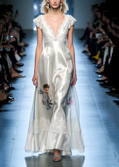 Chic White Print Patchwork Lace Silk Party Dress Sleeveless