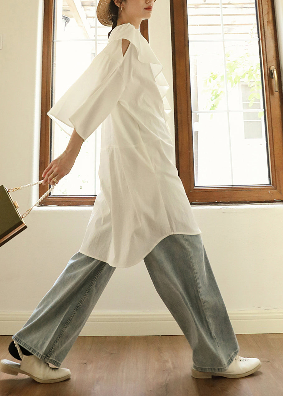 Chic White Ruffled Asymmetrical Cotton Mid Dresses Fall