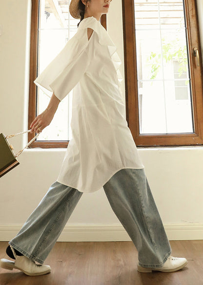 Chic White Ruffled Asymmetrical Cotton Mid Dresses Fall