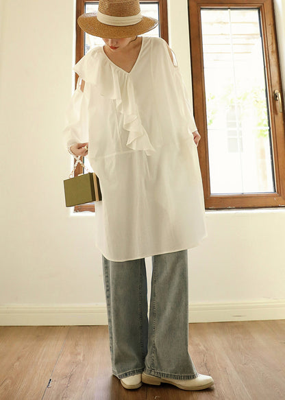 Chic White Ruffled Asymmetrical Cotton Mid Dresses Fall