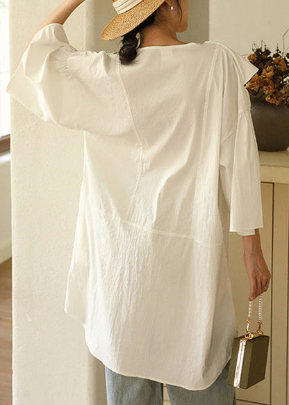 Chic White Ruffled Asymmetrical Cotton Mid Dresses Fall