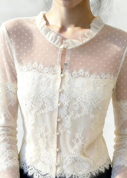 Chic White Ruffled Button Patchwork Lace Blouse Flare Sleeve