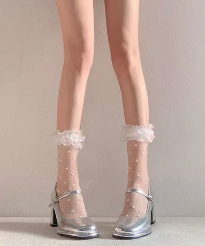 Chic White Ruffled Jacquard Lace Crew Socks