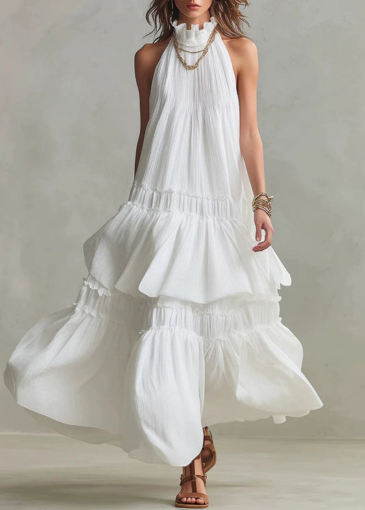 Chic White Ruffled Patchwork Cotton Maxi Dresses Sleeveless