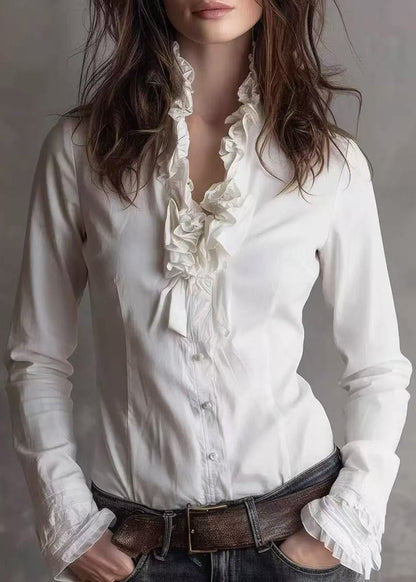 Chic White Ruffled Patchwork Cotton Shirts Top Spring