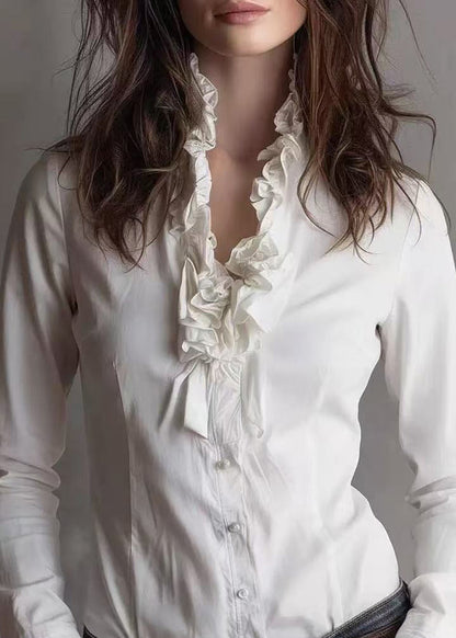 Chic White Ruffled Patchwork Cotton Shirts Top Spring