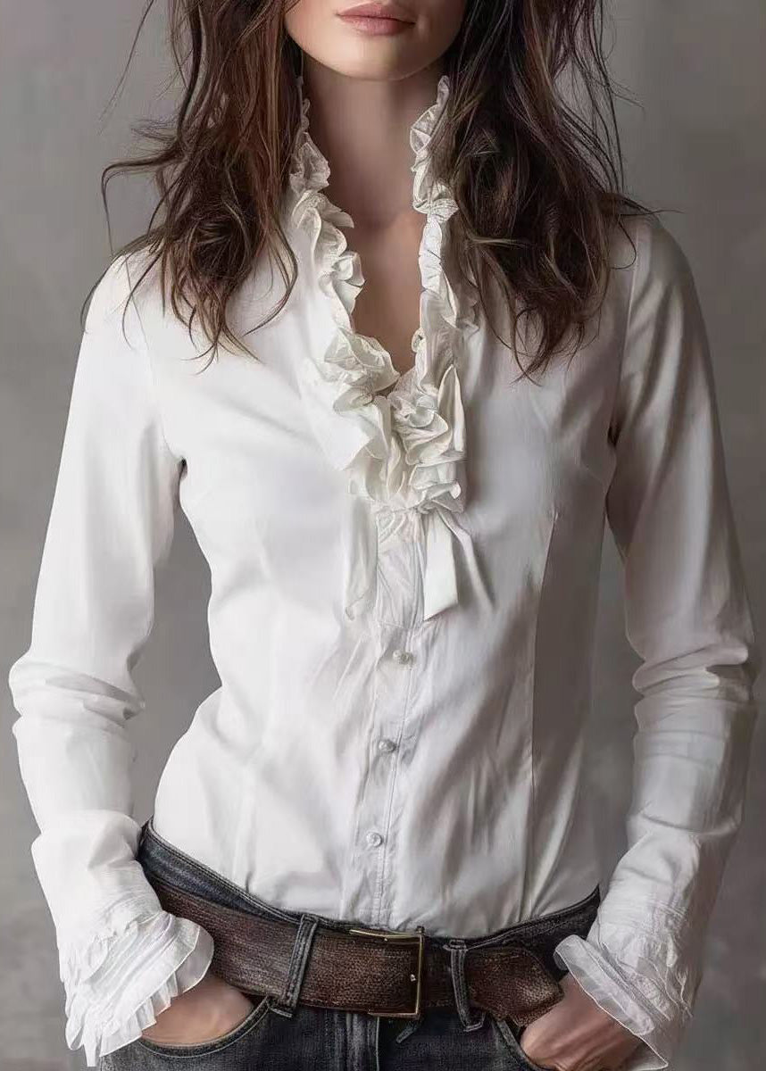 Chic White Ruffled Patchwork Cotton Shirts Top Spring