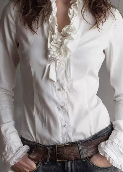 Chic White Ruffled Patchwork Cotton Shirts Top Spring