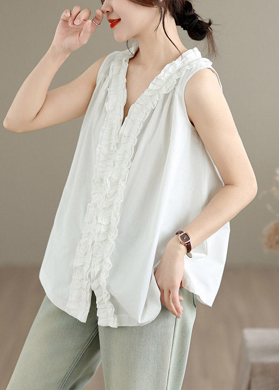 Chic White Ruffled Patchwork Solid Vest Sleeveless