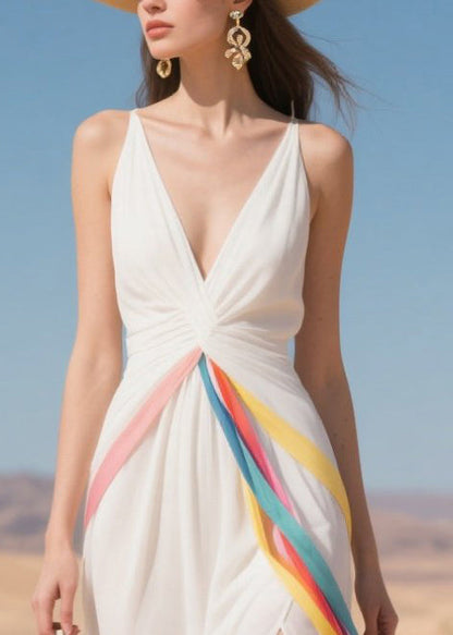 Chic White Side Open Multicolour Ribbon Chiffon Cami Dress Summer