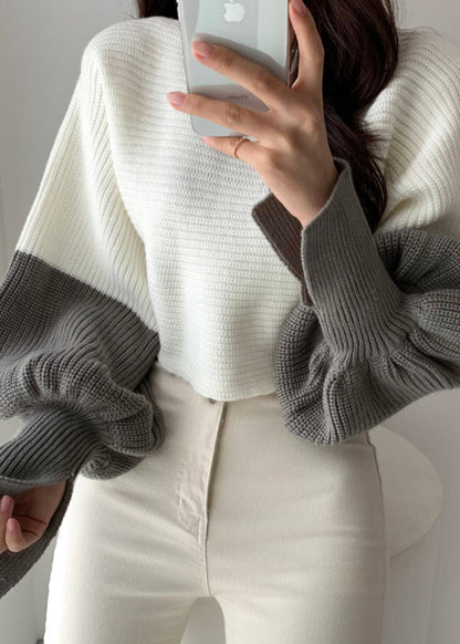 Chic White Slash Neck Knit Short Sweater Tops Batwing Sleeve