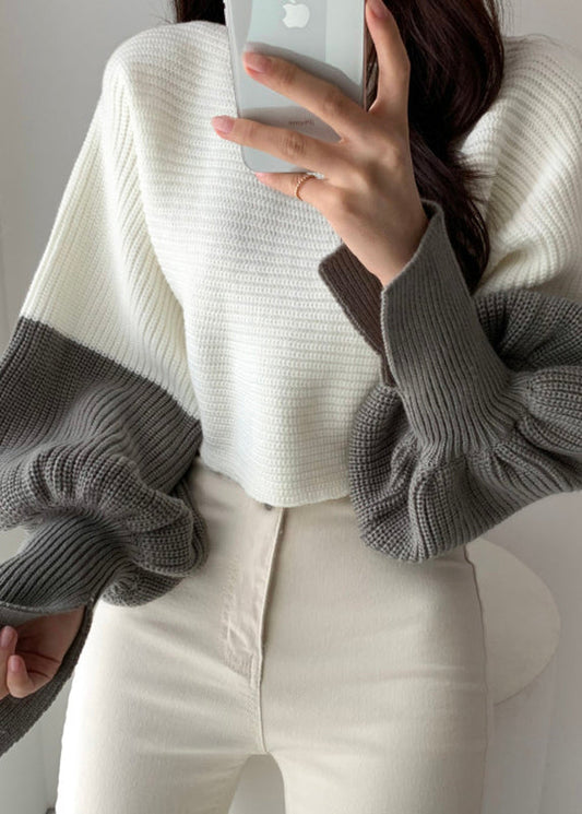 Chic White Slash Neck Knit Short Sweater Tops Batwing Sleeve