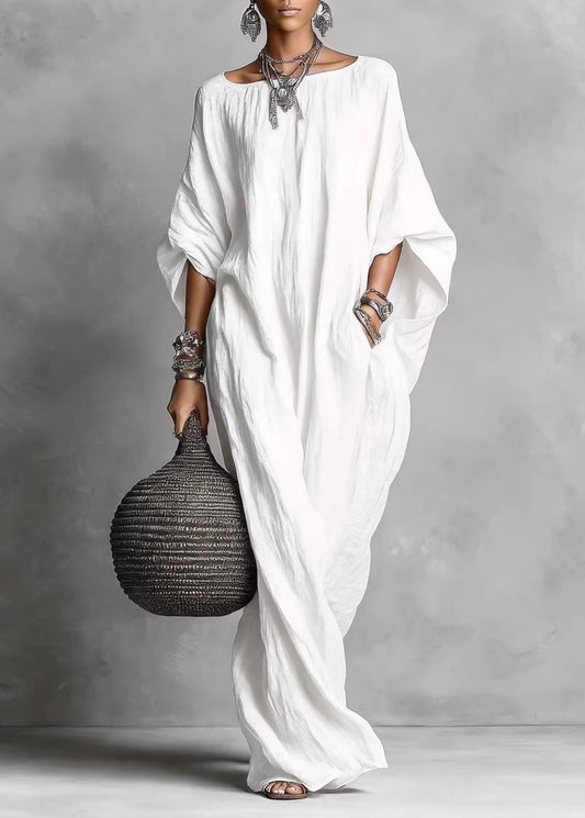 Chic White Slash Neck Pockets Cotton Long Dress Summer