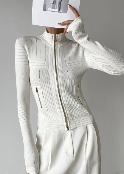 Chic White Stand Collar Zip Up Patchwork Woolen Knit Cardigans Winter