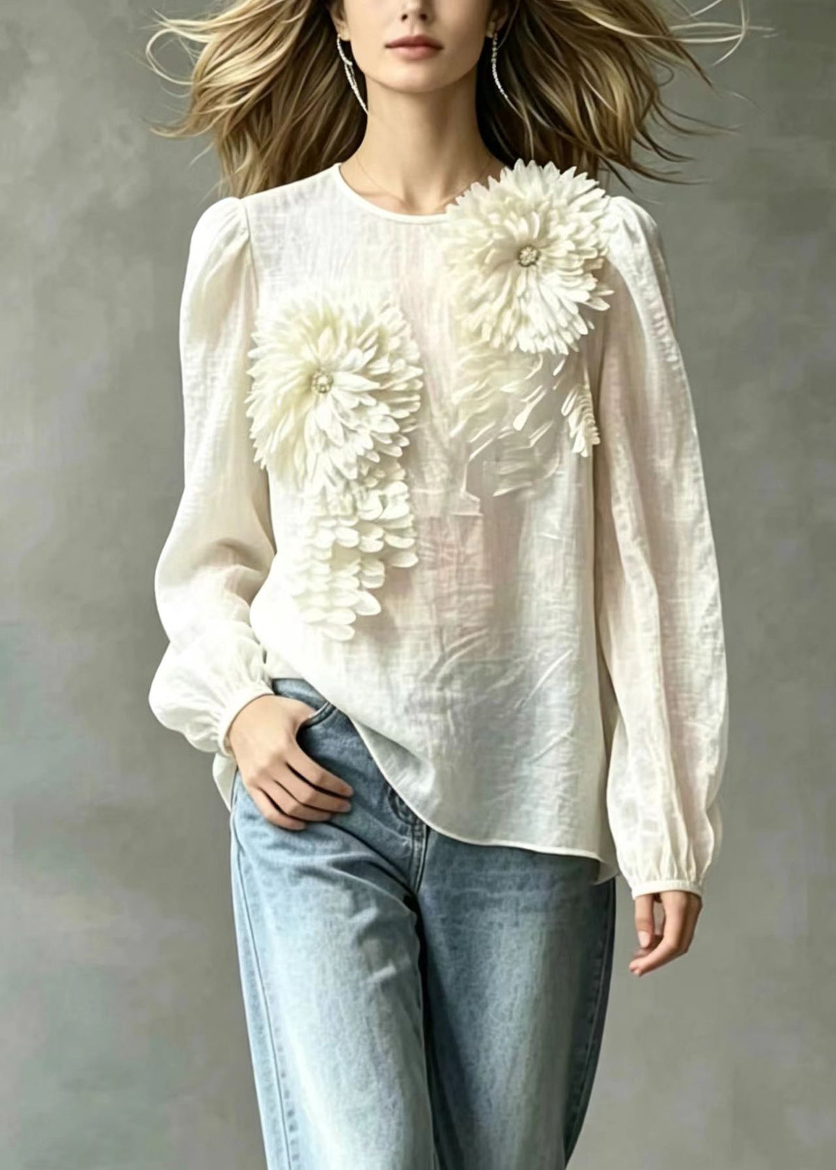 Chic White Stereoscopic Floral Sheer Chiffon With Cami Two Pieces Set Puff Sleeve