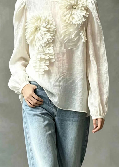 Chic White Stereoscopic Floral Sheer Chiffon With Cami Two Pieces Set Puff Sleeve