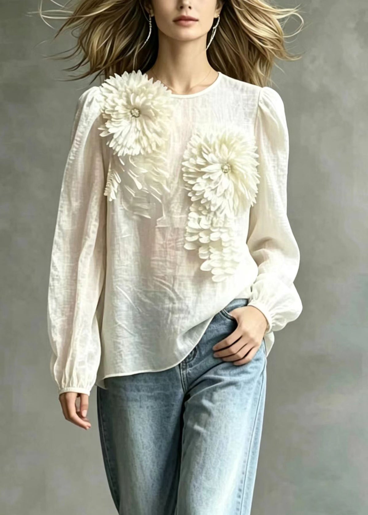 Chic White Stereoscopic Floral Sheer Chiffon With Cami Two Pieces Set Puff Sleeve