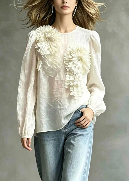 Chic White Stereoscopic Floral Sheer Chiffon With Cami Two Pieces Set Puff Sleeve